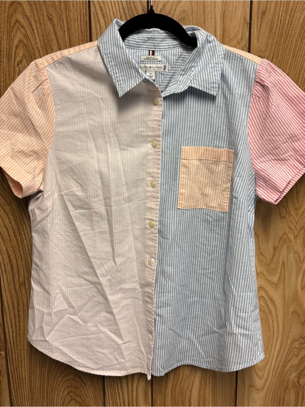 Tommy Hilfiger Colorblock Short-Sleeve Button-Down Shirt - Blue, Pink, Peach